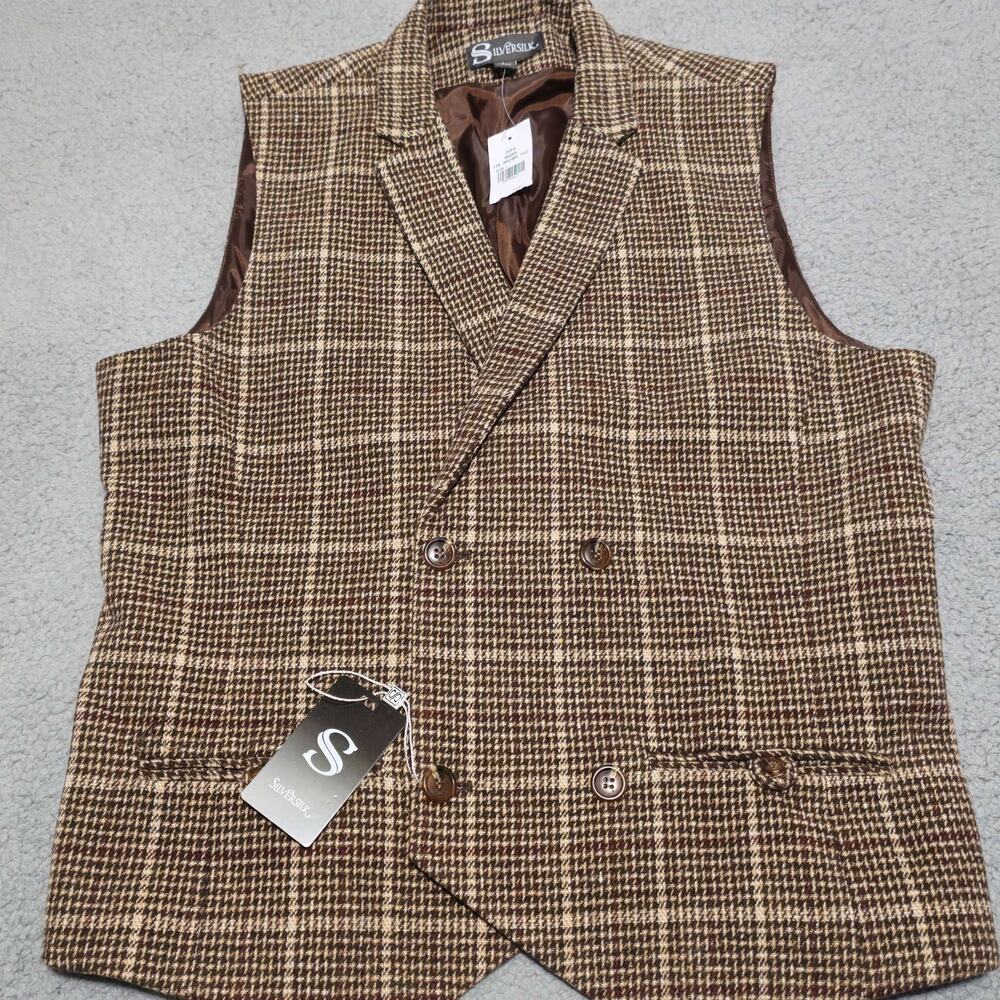 Silversilk Brown Tweed Plaid Waistcoat Mens L Double Breasted Wool Blend Vest